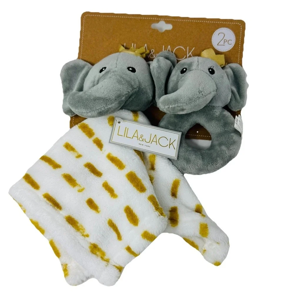 Lila & Jack Elephant Floral Flower Lovey Security Blanket Rattle 2pc Gift Set